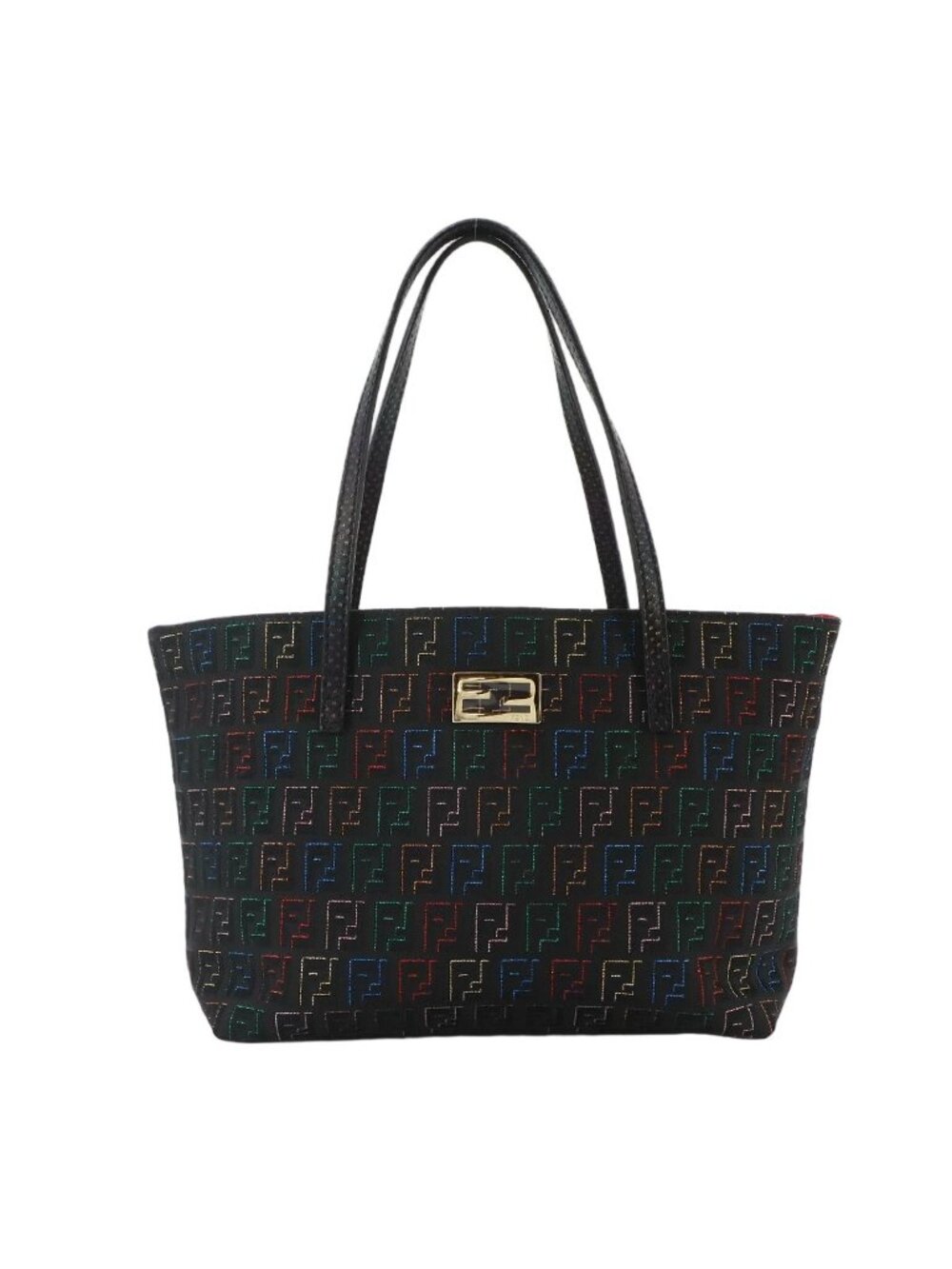 Fendi Zucchino Hand Bag Canvas Leather Black Gold Bag